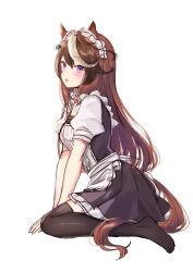 Rule 34 | 1girl, alternate costume, animal ears, black dress, black thighhighs, blush, brown hair, dress, earrings, enmaided, full body, hair between eyes, highres, horse ears, horse tail, jewelry, long hair, maid, maid headdress, open mouth, puffy short sleeves, puffy sleeves, purin jiisan, purple eyes, short sleeves, simple background, single earring, solo, symboli rudolf (umamusume), tail, thighhighs, umamusume, white background