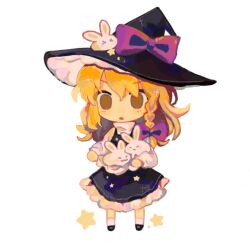 Rule 34 | 1girl, black footwear, black hat, black skirt, black vest, blonde hair, bow, braid, frilled skirt, frills, hair bow, hat, hat bow, kirisame marisa, long hair, long skirt, long sleeves, mary janes, open mouth, purple bow, rabbit, shirt, shoes, side braid, simple background, skirt, socks, solo, star (symbol), touhou, v-shaped eyebrows, vest, white background, white shirt, white socks, witch hat, yellow eyes, youshouhaoxianzhe