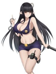Rule 34 | 1girl, bare arms, bare shoulders, baton (weapon), black footwear, black hair, blue shorts, blush, breasts, cleavage, closed mouth, cuffs, handcuffs, high heels, highres, hinoa, large breasts, long hair, looking at viewer, monster hunter (series), navel, pointy ears, police, police uniform, policewoman, short shorts, shorts, simple background, smile, solo, thigh strap, thighs, uniform, vik (xypt7474), walkie-talkie, weapon, white background, yellow eyes