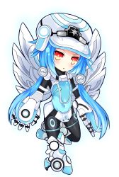 Rule 34 | 10s, 1girl, absurdres, armor, armored boots, blanc (neptunia), blue hair, blush, bodysuit, boots, chibi, covered navel, full body, gloves, haru blanc0316, hat, highres, long hair, low twintails, mechanical wings, neptune (series), next white, power symbol, power symbol-shaped pupils, red eyes, shin jigen game neptune vii, simple background, solo, symbol-shaped pupils, twintails, white background, white footwear, white heart (neptunia), wings