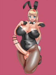 Rule 34 | 1girl, animal ears, bar censor, blaccura, black gloves, blonde hair, blue eyes, bow, bowtie, breasts, censored, detached collar, earrings, erection, fake animal ears, fishnets, full-package futanari, futanari, gloves, high heels, highres, hoop earrings, huge breasts, jewelry, leotard, long hair, mole, mole under mouth, navel piercing, nipple piercing, nipples, open mouth, original, pantyhose, penis, penis piercing, piercing, playboy bunny, plump, rabbit ears, rabbit tail, simple background, solo, tail, testicles, tongue piercing