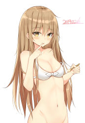 Rule 34 | 1girl, absurdres, bare arms, bare shoulders, blush, bottomless, bra, breasts, brown eyes, brown hair, cleavage, dated, finger to mouth, front-tie bra, groin, hand up, highres, holding, holding spoon, long hair, looking at viewer, navel, original, sashima, sidelocks, simple background, small breasts, solo, spoon, stomach, strap slip, tongue, tongue out, underwear, upper body, white background, white bra