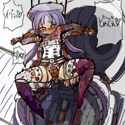 Rule 34 | 1girl, akaishi shiroishi, bdsm, bondage, bound, clenched teeth, crying, crying with eyes open, highres, purple hair, spread legs, tagme, tears, teeth, thighhighs, translated