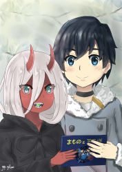 Rule 34 | 10s, 1boy, 1girl, absurdres, bandages, black cloak, black hair, blue eyes, blush, book, candy, cloak, coat, colored sclera, colored skin, commentary, couple, darling in the franxx, eyes visible through hair, food, food in mouth, fur trim, gap-yellow, green eyes, grey coat, hetero, highres, hiro (darling in the franxx), holding, holding book, hood, hooded cloak, horns, in mouth, long hair, looking at viewer, oni horns, parka, pink hair, red horns, red pupils, red sclera, red skin, short hair, signature, spoilers, winter clothes, winter coat, aged down, zero two (darling in the franxx)
