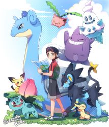 Rule 34 | 1boy, backpack, bad id, bad pixiv id, bag, beanie, bracelet, brendan (pokemon), cloud, commentary request, creatures (company), cyndaquil, day, from side, game freak, gen 1 pokemon, gen 2 pokemon, gen 4 pokemon, gen 5 pokemon, gengar, grass, green bag, grey shorts, hat, holding, holding map, hoppip, ivysaur, jacket, jewelry, lapras, luxray, male focus, map, nintendo, outdoors, pichu, pokemon, pokemon (creature), pokemon oras, shoes, short sleeves, shorts, sky, standing, vanillish, white footwear, white headwear, xichii
