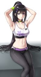 Rule 34 | 1girl, adjusting hair, armpits, arms up, bare shoulders, black hair, black pants, blue archive, breasts, choker, closed mouth, clothes writing, collarbone, commentary, floral print, flower, hair flower, hair ornament, hair scrunchie, high ponytail, highres, large breasts, long hair, looking at viewer, navel, pants, purple eyes, purple scrunchie, scrunchie, simple background, sitting, sketch, solo, sports bra, sportswear, sumire (blue archive), tsukumo momo, very long hair, white background, white sports bra, yoga pants