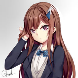 Rule 34 | arm up, black jacket, blazer, blue bow, blue bowtie, bow, bowtie, brown hair, chrisandita, closed mouth, collared shirt, commentary request, copyright request, diagonal-striped bow, diagonal-striped bowtie, diagonal-striped clothes, diagonal-striped neckwear, gradient background, grey background, hair between eyes, hair ornament, hand in own hair, head tilt, highres, jacket, light smile, long hair, looking at viewer, open clothes, open jacket, red eyes, shirt, signature, solo, striped bow, striped bowtie, striped clothes, striped neckwear, v-shaped eyebrows, very long hair, virtual youtuber, white background, white shirt