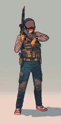 Rule 34 | 1girl, airsoft, collared shirt, full body, glasses, gloves, gun, hat, holding, holding gun, holding weapon, long sleeves, looking at watch, monamin, original, pants, plaid, plaid shirt, red footwear, shadow, shirt, shoes, solo, standing, watch, weapon, wristwatch, yellow gloves