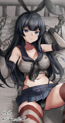 Rule 34 | 1girl, agano (kancolle), bed, black hair, black neckerchief, black panties, blue eyes, blue sailor collar, blue skirt, bound, bound wrists, breasts, chain, cosplay, crop top, eckert&amp;eich, elbow gloves, gloves, hairband, highleg, highleg panties, highres, kantai collection, large breasts, long hair, lying, microskirt, miniskirt, neckerchief, on back, panties, parted lips, pillow, pleated skirt, sailor collar, shimakaze (kancolle), shimakaze (kancolle) (cosplay), skirt, solo, striped clothes, striped thighhighs, thighhighs, twitter username, underwear, white gloves