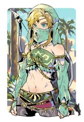Rule 34 | 1boy, blonde hair, blue eyes, crossdressing, detached sleeves, earrings, gerudo set (zelda), jewelry, jungle, link, male focus, midriff, mouth veil, nature, navel, nintendo, official alternate costume, pointy ears, solo, stomach, the legend of zelda, the legend of zelda: breath of the wild, trap, veil