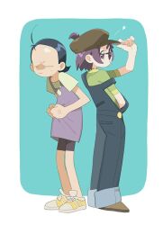 Rule 34 | 2girls, ahoge, anger vein, back-to-back, blue hair, blue overalls, brown headwear, cabbie hat, closed eyes, closed mouth, cosplay, costume switch, dress, dress tug, eda (eeeeeeda119), full body, green shirt, hand on headwear, hand up, hat, multiple girls, ojamajo doremi, one side up, overalls, pinafore dress, purple dress, purple eyes, purple hair, segawa onpu, senoo aiko, shirt, shoes, short hair, short sleeves, sleeveless, sleeveless dress, smile, sneakers, standing, strap slip, t-shirt, tongue, tongue out, white shirt, yellow footwear