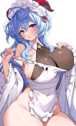Rule 34 | 1girl, ahoge, apron, bare shoulders, bell, blue hair, blush, bodystocking, breasts, detached collar, detached sleeves, frills, ganyu (genshin impact), genshin impact, goat horns, highres, horns, huge breasts, long hair, looking at viewer, maid, maid apron, maid headdress, neck bell, parted lips, purple eyes, sidelocks, solo, tunoko98
