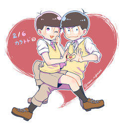 Rule 34 | 10s, 2boys, ;3, alternate eye color, blue eyes, brothers, brown hair, dated, heart, heart hands, heart hands duo, male focus, matsuno karamatsu, matsuno todomatsu, multiple boys, necktie, nightcat, one eye closed, osomatsu-kun, osomatsu-san, osomatsu (series), pink eyes, shorts, siblings, sitting, sitting on lap, sitting on person, smile, sweater vest, translation request