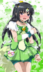 Rule 34 | 1girl, analogstore, bike shorts, bike shorts under skirt, black hair, blush, boku wa tomodachi ga sukunai, cosplay, cure march, cure march (cosplay), green background, green shorts, green skirt, green theme, heart, heart background, midorikawa nao (cosplay), mikazuki yozora, precure, shorts, shorts under skirt, skirt, smile precure!, solo, sparkle, voice actor connection, wavy mouth