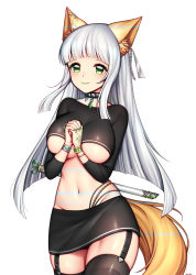 Rule 34 | 1girl, animal ears, black collar, black shirt, black skirt, black thighhighs, blunt bangs, blush, bracelet, breasts, closed mouth, collar, cowboy shot, crop top, eyelashes, fingernails, fox ears, fox girl, fox tail, garter straps, gem, green eyes, green nails, groin, hands up, highres, jewelry, large breasts, long hair, long sleeves, looking at viewer, miniskirt, nail polish, navel, original, own hands together, rewolf, shirt, silver hair, simple background, skirt, smile, solo, standing, stomach, studded collar, tail, thighhighs, underboob, white background, zettai ryouiki