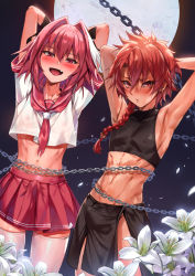 Rule 34 | 2boys, alexander (fate), armpits, arms behind head, astolfo (fate), astolfo (sailor paladin) (fate), black bow, blush, bow, braid, bulge, chain, commentary request, erection, erection under clothes, fang, fate/grand order, fate (series), hair bow, hair intakes, hair ribbon, long hair, looking at viewer, male focus, multicolored hair, multiple boys, navel, official alternate costume, open mouth, pink hair, purple eyes, rainmaker, ribbon, shirt, single braid, skirt, smile, streaked hair, thighhighs, trap, white hair, white legwear, white shirt