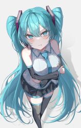Rule 34 | 1girl, aqua eyes, aqua hair, aqua necktie, bare shoulders, blush, breasts, crossed arms, detached sleeves, foreshortening, hatsune miku, highres, kawasuru (15miclon), large breasts, long hair, looking at viewer, necktie, pleated skirt, pout, skirt, solo, thighhighs, thighs, twintails, v-shaped eyebrows, very long hair, vocaloid, zettai ryouiki