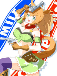 Rule 34 | 1girl, :d, absurdres, ahoge, animal ears, arm up, armpits, bandana, bandeau, bikini, bikini under clothes, blue eyes, blush, boots, breasts, brown footwear, brown hair, cleavage, commentary request, detached sleeves, drop shadow, dual wielding, finger on trigger, green skirt, gun, gunkata, hair ornament, hand up, handgun, highres, holding, holding gun, holding weapon, horse ears, horse girl, large breasts, long hair, looking at viewer, miniskirt, nan-bu, open mouth, purple thighhighs, revolver, short sleeves, simple background, skirt, skirt set, smile, solo, star (symbol), star hair ornament, swimsuit, taiki shuttle (umamusume), tail, thighhighs, umamusume, weapon