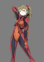 Rule 34 | 1girl, alternate costume, alternate hair color, alternate hairstyle, arm behind head, blue eyes, bodysuit, breasts, brown hair, commentary request, curvy, evangelion: 3.0+1.0 thrice upon a time, hair between eyes, hair ornament, hand in own hair, highres, interface headset, looking at viewer, mecha kaku man, medium breasts, multicolored bodysuit, multicolored clothes, neon genesis evangelion, neon lights, official alternate costume, pilot suit, plugsuit, rebuild of evangelion, red bodysuit, shiny clothes, skin tight, solo, souryuu asuka langley, standing, thigh gap, tube, twintails, wide hips