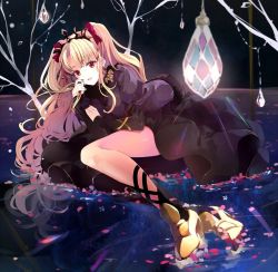 Rule 34 | 1girl, arm support, asymmetrical legwear, bare tree, black dress, black legwear, black nails, blonde hair, crystal, dress, earrings, ereshkigal (fate), ereshkigal (third ascension) (fate), fate/grand order, fate (series), hair ribbon, hand on own face, high heels, in water, jewelry, leg ribbon, long hair, looking at viewer, lying, mismatched legwear, nail polish, necklace, on side, open mouth, partially submerged, petals, petals on liquid, puracotte, red eyes, reflection, ribbon, skull necklace, solo, tree, twintails, two side up, uneven legwear, very long hair, yellow footwear