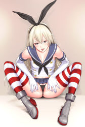 Rule 34 | 10s, 1girl, against wall, black panties, blonde hair, blush, elbow gloves, gloves, grey eyes, hairband, highleg, highleg panties, kantai collection, long hair, looking at viewer, midriff, navel, panties, pleated skirt, ragetsu, sailor collar, shimakaze (kancolle), sitting, skirt, solo, spread legs, spread pussy under clothes, striped clothes, striped thighhighs, thighhighs, tongue, tongue out, uncensored, underwear, white gloves