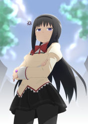 Rule 34 | &gt;:(, 1girl, akemi homura, anger vein, black hair, black hairband, black pantyhose, blurry, blurry background, bow, bowtie, closed mouth, cowboy shot, crossed arms, frilled shirt, frills, from below, frown, glaring, hairband, highres, long hair, long sleeves, looking at viewer, mahou shoujo madoka magica, mahou shoujo madoka magica (anime), mitakihara school uniform, pantyhose, plaid, plaid skirt, purple eyes, red bow, red bowtie, rushou kei, school uniform, shadow, shirt, skirt, solo, tan shirt, v-shaped eyebrows