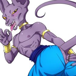 Rule 34 | 1boy, animal ears, anus, ass, ass juice, blush, cat, cat ears, colored skin, dragon ball, dragonball z, dragonball z battle of gods, god of destruction beerus, looking at viewer, male focus, presenting, purple skin, sexually suggestive, solo, steam, sweat, tongue