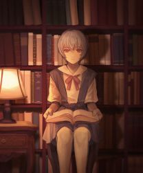 Rule 34 | 1girl, ayanami rei, blue skirt, book on lap, bookshelf, closed mouth, frown, hair between eyes, lamp, library, looking at viewer, miniskirt, neck ribbon, neon genesis evangelion, pantyhose, pleated skirt, red eyes, red ribbon, ribbon, shadow, shirt, short hair, silver hair, sitting, skirt, solo, suspender skirt, suspenders, white pantyhose, white shirt, yuzu hiko (ruffle-ponzu)