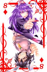 Rule 34 | 2girls, animal ears, blazer, card, card (medium), carrot necklace, fangs, finger gun, highres, inaba tewi, jacket, jewelry, looking at viewer, multiple girls, necklace, necktie, one eye closed, pendant, playing card, pointing, pointing at viewer, rabbit ears, reisen udongein inaba, ribbon trim, rotational symmetry, simple background, skirt, smile, touhou, yoiti