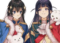 Rule 34 | 2girls, aiguillette, arm at side, ascot, black hair, blue eyes, blue jacket, blunt bangs, buttons, closed mouth, epaulettes, fur-trimmed jacket, fur trim, gold trim, green jacket, hair between eyes, hair ornament, jacket, jacket on shoulders, kagura hikari, kozukue (estsuk), light blush, long hair, looking at another, looking to the side, mr. white (revue starlight), multiple girls, purple eyes, purple hair, red jacket, red sash, sash, shoujo kageki revue starlight, side-by-side, sidelocks, sideways glance, simple background, smile, sparkle hair ornament, stuffed animal, stuffed cat, stuffed toy, teddy bear, tsuyuzaki mahiru, two side up, upper body, white ascot, white background