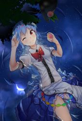 Rule 34 | 1girl, ;), amane sora, bad id, bad pixiv id, blue hair, blue skirt, bow, bowtie, closed mouth, clothes lift, frilled skirt, frills, from above, highres, hinanawi tenshi, holding, long hair, looking at viewer, lying, on back, one eye closed, panties, red bow, red bowtie, red eyes, reflecting pool, reflection, reflective water, shirt, short sleeves, skirt, skirt lift, sky, smile, solo, star (sky), starry sky, striped clothes, striped panties, touhou, underwear, white shirt
