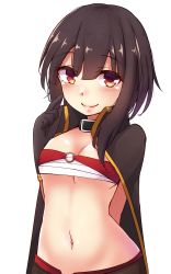 Rule 34 | 10s, 1girl, black hair, blush, breasts, cape, choker, cleavage, finger to cheek, gloves, highres, kono subarashii sekai ni shukufuku wo!, looking at viewer, megumin, midriff, mistynight, navel, o-ring, o-ring top, red eyes, sarashi, short hair with long locks, simple background, small breasts, smile, solo, standing, upper body, white background