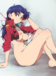 Rule 34 | 1girl, aetherion, arm support, barefoot, bottomless, breasts, breasts out, cross, cross necklace, earrings, feet, female focus, highres, jacket, jewelry, katsuragi misato, legs, long hair, looking at viewer, medium breasts, navel, necklace, neon genesis evangelion, nipples, no panties, purple hair, red eyes, scar, sitting, smile, solo, thighs, unzipped, zipper