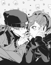 1boy 1girl aragaki_shinjirou beanie coat commentary_request dangeroustaku digital_media_player elbow_rest gekkoukan_high_school_uniform greyscale hair_between_eyes hair_ornament hairclip hands_on_own_cheeks hands_on_own_face hat hetero highres jacket korean_commentary long_sleeves monochrome parted_lips persona persona_3 persona_3_portable school_uniform shiomi_kotone simple_background sweat upper_body