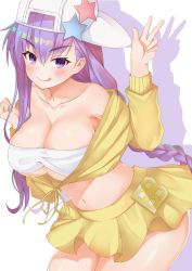 Rule 34 | 1girl, absurdres, bare shoulders, baseball cap, bb (fate), bb (fate) (all), bb (swimsuit mooncancer) (fate), bb (swimsuit mooncancer) (first ascension) (fate), bikini, bikini top only, blush, braid, breasts, cleavage, closed mouth, collarbone, cropped jacket, fate/extra, fate/extra ccc, fate/grand order, fate (series), hat, hat ornament, highres, jacket, large breasts, licking lips, long hair, long sleeves, looking at viewer, navel, purple eyes, purple hair, rokita, sideways hat, simple background, single braid, skirt, smile, solo, star (symbol), star hat ornament, swimsuit, thighs, tongue, tongue out, very long hair, white background, white bikini, yellow jacket, yellow skirt