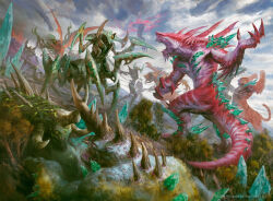 Rule 34 | animal focus, arthropod limbs, battle, blue sky, claws, cloud, cloudy sky, colossus, company name, copyright notice, crystal, crystallization, day, horns, magic: the gathering, manzanedo, material growth, monster, multiple horns, no humans, official art, open mouth, outdoors, painterly, portal (object), realistic, sharp teeth, sky, spikes, tail, teeth, tree