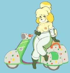 Rule 34 | 1girl, alternate costume, animal crossing, animal ears, blonde hair, blue background, blush stickers, body fur, boots, breasts, dog ears, dog girl, dog tail, furry, furry female, gloves, highres, inverted nipples, isabelle (animal crossing), mario (series), mario kart, mario kart 8, medium breasts, motor vehicle, nintendo, nipples, off shoulder, plump, racing suit, scooter, smile, solo, tail, thick thighs, thighs, topknot, topless, undressing, vehicle, vespa, what&#039;s a lewd?