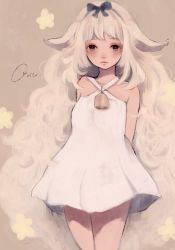 Rule 34 | 1girl, animal ears, artist name, bad id, bad pixiv id, bare shoulders, bell, bow, dress, eyelashes, faux traditional media, grey eyes, hair bow, highres, long hair, looking at viewer, orie h, original, sheep ears, sheep girl, signature, solo