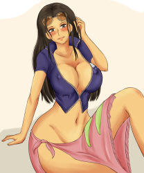 Rule 34 | 1girl, arm support, black hair, blue shirt, blush, breasts, brown eyes, bursting breasts, center opening, cleavage, collarbone, crop top, curvy, covered erect nipples, eyelashes, eyewear on head, glasses, groin, hair slicked back, hand up, highres, knee up, large breasts, legs, long hair, looking at viewer, midriff, momo 765, navel, nico robin, no bra, no panties, one piece, open clothes, open shirt, pink skirt, sarong, shirt, short sleeves, side slit, sitting, skirt, smile, solo, sunglasses, thighs, unzipped, zipper