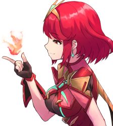 Rule 34 | 1girl, absurdres, black gloves, bodysuit, breasts, earrings, female focus, fingerless gloves, fire, gloves, grimmelsdathird, hairband, highres, jewelry, large breasts, matching hair/eyes, nintendo, pyra (xenoblade), red eyes, red hair, short hair, solo, white background, xenoblade chronicles (series), xenoblade chronicles 2