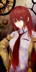 Rule 34 | 1girl, arm strap, brown hair, coat, dress shirt, female focus, hair between eyes, hand on own hip, long sleeves, looking at viewer, makise kurisu, necktie, open clothes, open coat, purple eyes, shirt, solo, steins;gate, trench coat, turtleneck, upper body, white shirt, youjun