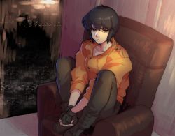 Rule 34 | 1girl, bad id, bad pixiv id, black hair, blue eyes, chair, cityscape, fingerless gloves, frown, full body, ghost in the shell, gloves, indoors, jacket, katsuoboshi, kusanagi motoko, legs up, looking at viewer, own hands together, pants, shoes, short hair, sitting, solo, window