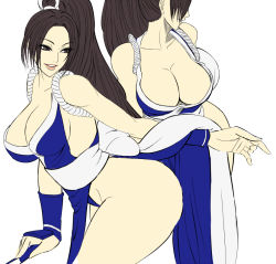 Rule 34 | 1girl, ass, breasts, brown eyes, brown hair, cleavage, curvy, female focus, large breasts, long hair, matching hair/eyes, motoi, multiple views, ninja, no bra, parted lips, pelvic curtain, ponytail, shiranui mai, sideboob, simple background, smile, the king of fighters, thick thighs, thighs, white background, wide hips