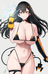Rule 34 | 1girl, bare shoulders, bikini, black bikini, black choker, blush, breasts, cable, cable tail, choker, cleavage, collarbone, elbow gloves, electricity, gloves, grin, hair between eyes, hair ornament, hairclip, hayabusa (vert 320), highres, large breasts, long hair, looking at viewer, mechanical tail, micro bikini, mole, mole on breast, mole on stomach, mole on thigh, navel, original, raiden (hayabusa), signature, single elbow glove, smile, solo, swimsuit, tail, thigh strap, thighs, yellow eyes, yellow gloves