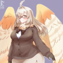 Rule 34 | 1girl, ahoge, animal hands, blush, bow, breasts, brown hair, feathered wings, feathers, glasses, hair intakes, hair over one eye, harpy, highres, large breasts, long hair, monster girl, neck fur, neck ruff, one eye covered, purple background, red-framed eyewear, rich (rich940528), simple background, solo, tokyo houkago summoners, white feathers, wide hips, wings, ziz (housamo)