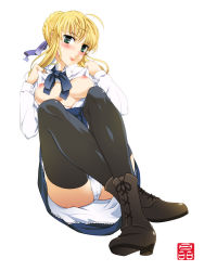 Rule 34 | 00s, 1girl, artoria pendragon (all), artoria pendragon (fate), blonde hair, blouse, boots, breasts, clothes lift, fate/stay night, fate (series), green eyes, legs, long hair, looking at viewer, medium breasts, nipples, open clothes, open shirt, panties, saber (fate), shirt, shirt lift, skirt, solo, sonobe kazuaki, thighhighs, underwear