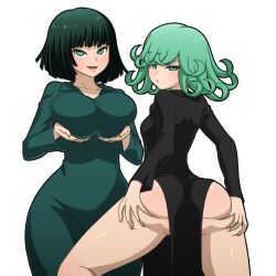 Rule 34 | 2girls, ass, black dress, blunt bangs, blunt ends, breast lift, breasts, collared dress, curly hair, dress, fubuki (one-punch man), green dress, green eyes, green hair, large breasts, looking at viewer, mike inel, multiple girls, one-punch man, pelvic curtain, pout, short hair, side slit, small breasts, spread ass, tatsumaki, taut clothes, taut dress