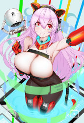Rule 34 | 1girl, arm up, armpits, bodysuit, breasts, bursting breasts, cleavage, closed mouth, covered navel, crossed bangs, detached collar, genera-x, hair between eyes, headphones, highres, huge breasts, long hair, looking at viewer, mecha, mecha musume, mechanical arms, mechanical ears, mechanical legs, mechanical tail, nitroplus, pink hair, red eyes, robot, single mechanical arm, smile, solo, strapless, super sonico, tail, thighs