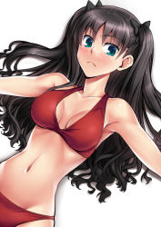 Rule 34 | 1girl, bikini, black hair, blue eyes, blush, breasts, cleavage, fate/stay night, fate (series), female focus, imada kozue, long hair, navel, official alternate costume, solo, swimsuit, tohsaka rin, twintails, two side up