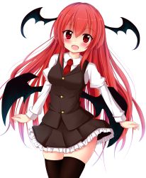 Rule 34 | 1girl, :d, akakabu (obsidian910), bat wings, black thighhighs, blush, head wings, heart, heart-shaped pupils, highres, koakuma, long hair, long sleeves, looking at viewer, low wings, necktie, open mouth, puffy sleeves, red eyes, red hair, shirt, simple background, skirt, skirt set, smile, solo, suigetsu (watermoon-910), symbol-shaped pupils, thighhighs, touhou, transparent background, vest, white background, wings, zettai ryouiki